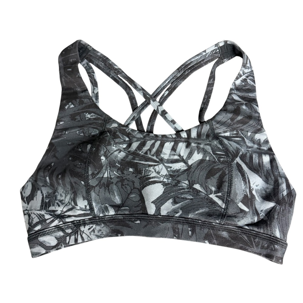 Sweaty Betty Palm Leaf Print Strappy Back Sports Bra Black Grey Size Small